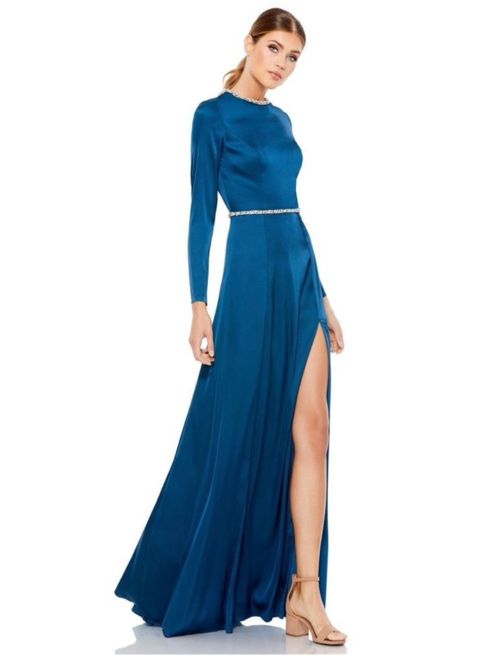Mac Duggal Teal Satin Long Sleeve Evening Gown with Side Slit